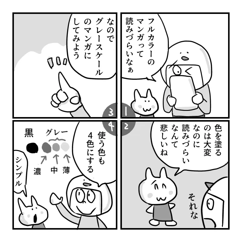 4コマ構成のマンガ。キャラクターがフルカラーのマンガは読みにくいと話し、色塗りの大変さにも触れながら、解決策としてグレースケール化を提案。最後のコマで「黒と濃淡２種類のグレーと白」の4色だけを使うシンプルな配色方針を示している。