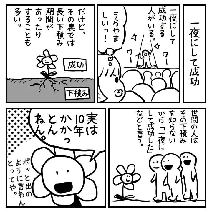 「一夜にして成功」の誤解をテーマにした4コママンガ。成功の裏にある長い下積み期間や、努力が見えないことで世間が急成長と勘違いする構造を図解。実際は10年の積み重ねがあることをコミカルに伝える内容。 